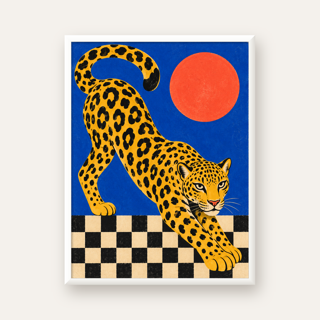 Leopar ve Geometrik Desenli Modern Sanat Poster — beyaz çerçeveli dikey poster