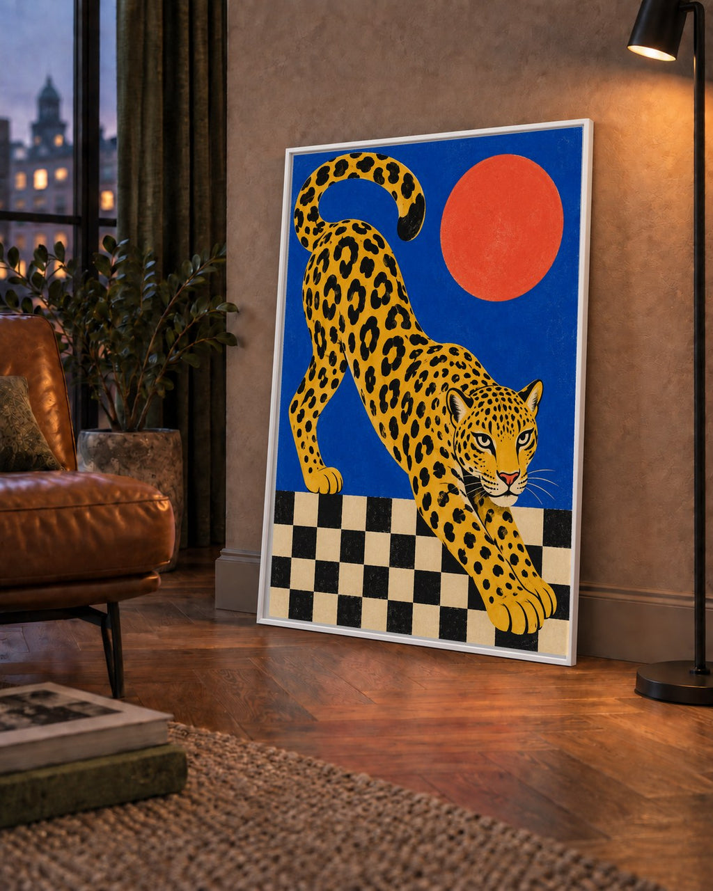 Leopar ve Geometrik Desenli Modern Sanat Poster — çerçeveli hâliyle bir ev duvarında
