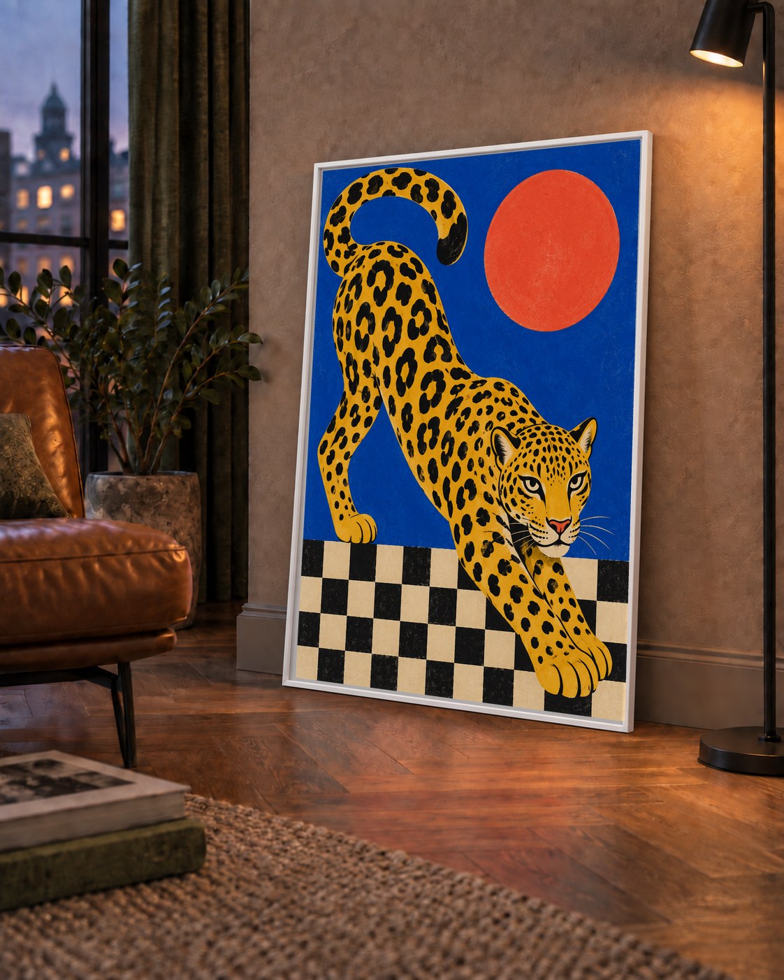 Leopar ve Geometrik Desenli Modern Sanat Poster — çerçeveli hâliyle bir ev duvarında