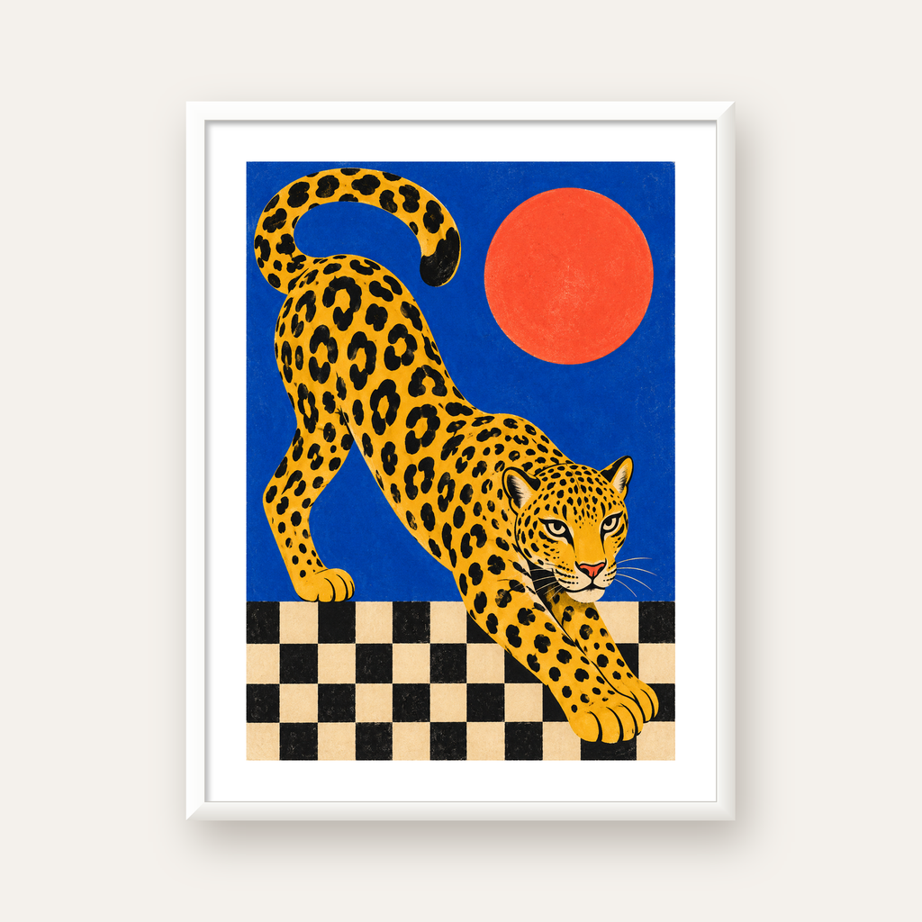 Leopar ve Geometrik Desenli Modern Sanat Poster — beyaz çerçeveli dikey poster