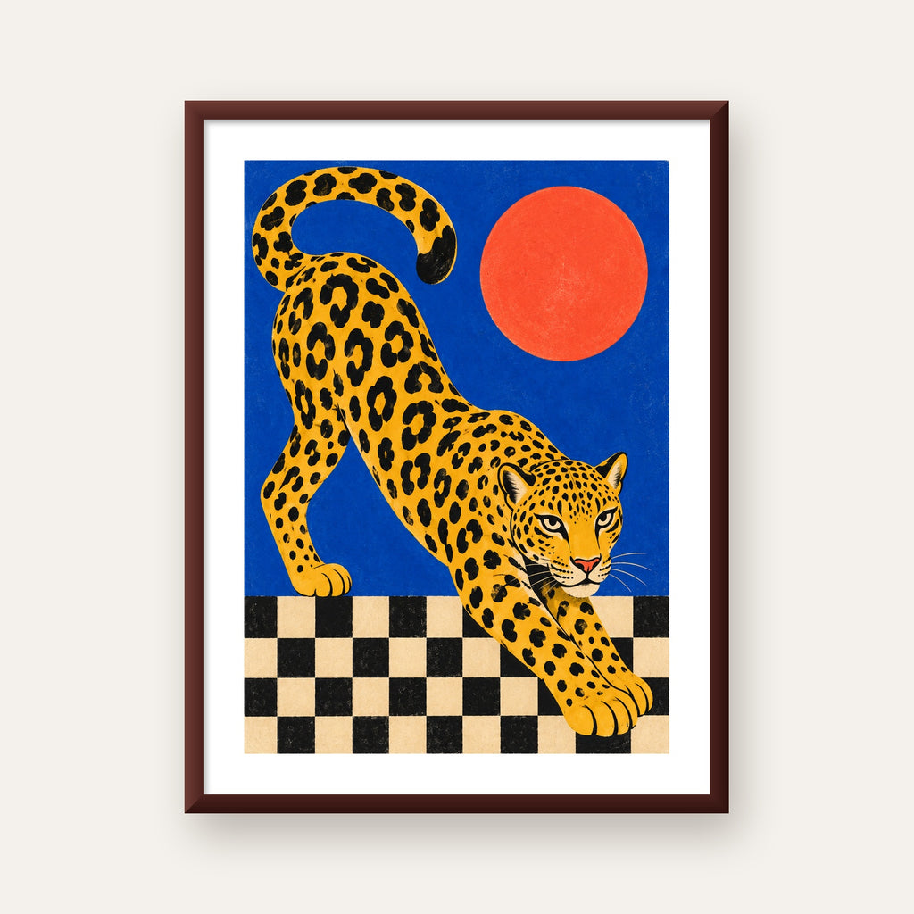 Leopar ve Geometrik Desenli Modern Sanat Poster — ceviz çerçeveli paspartulu