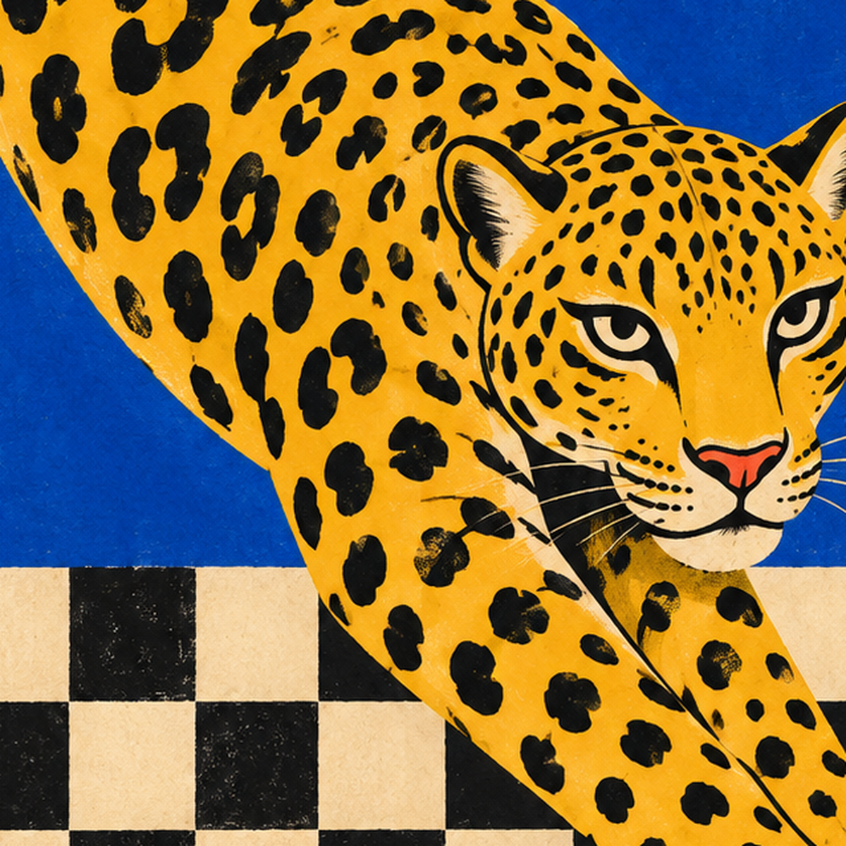 Leopar ve Geometrik Desenli Modern Sanat Poster — baskının yakın çekimi, kâğıt dokusu ve renk detayı