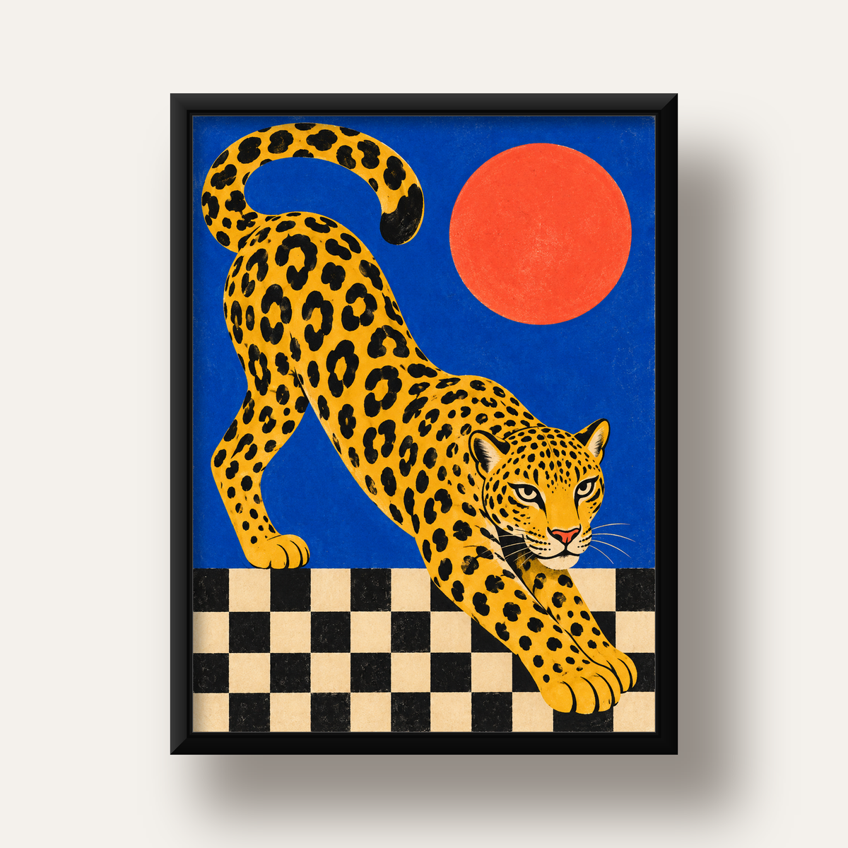 Leopar ve Geometrik Desenli Modern Sanat Poster — siyah derin çerçeveli