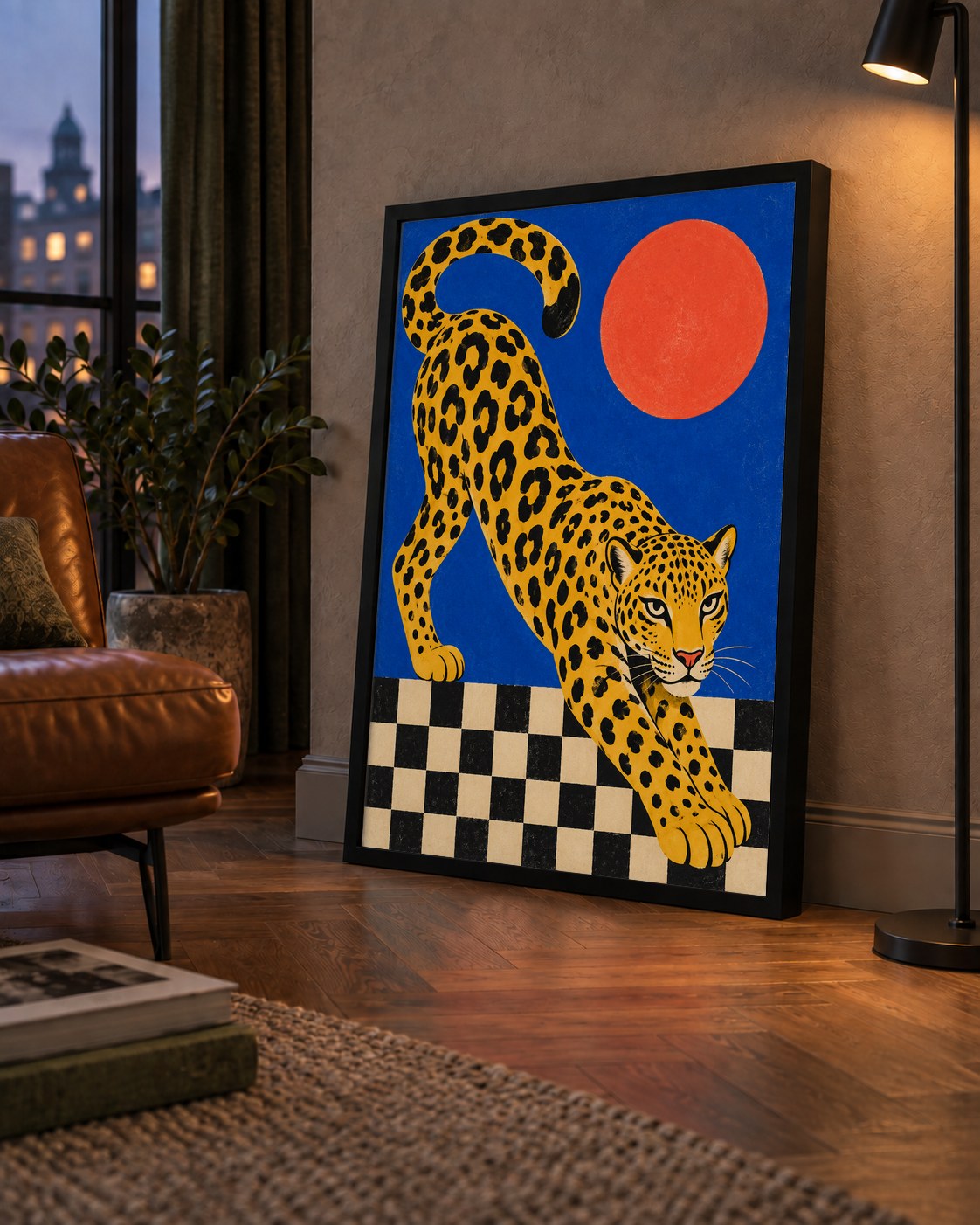 Leopar ve Geometrik Desenli Modern Sanat Poster — çerçeveli hâliyle bir ev duvarında