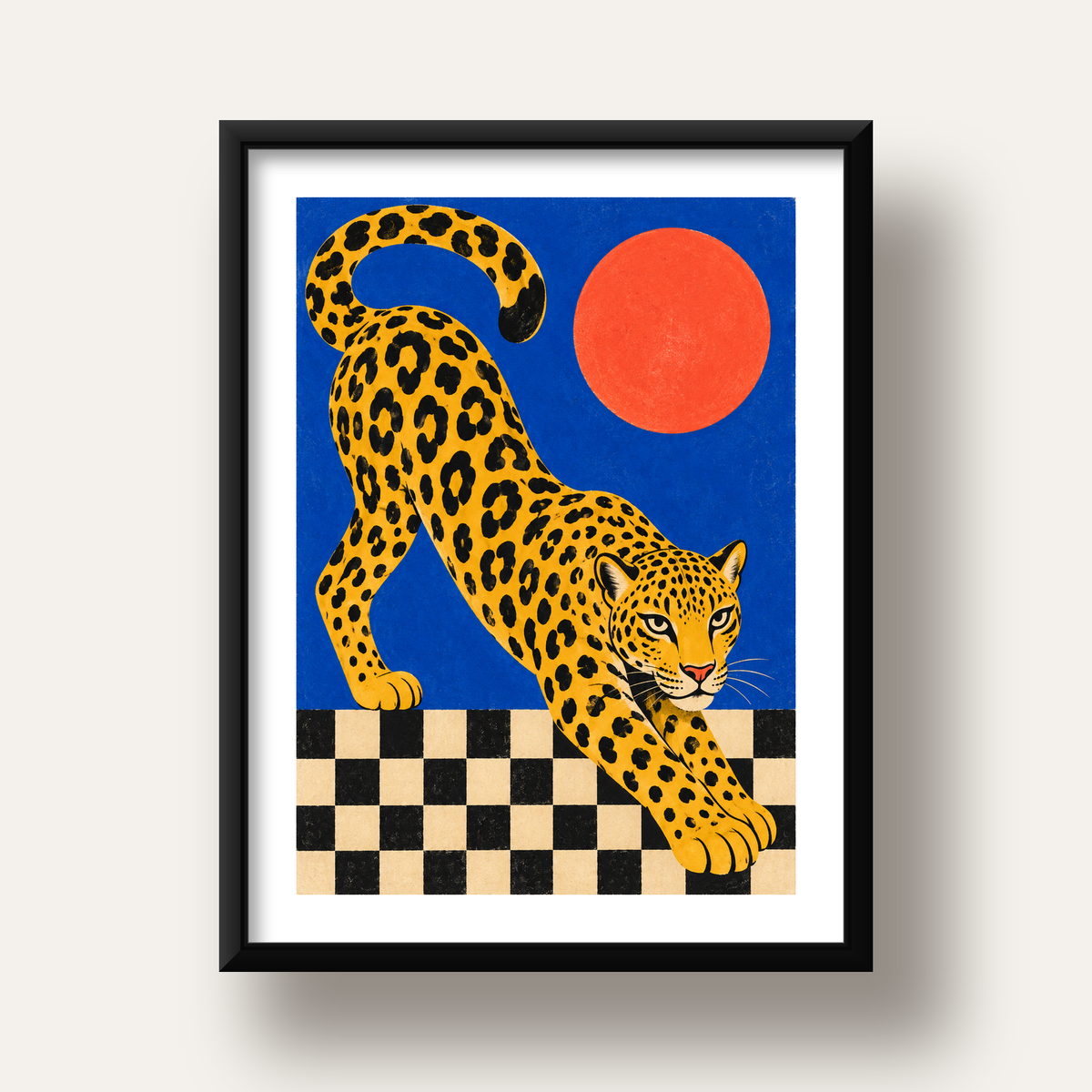 Leopar ve Geometrik Desenli Modern Sanat Poster — siyah derin çerçeveli paspartulu