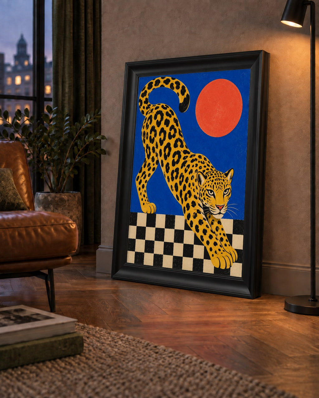 Leopar ve Geometrik Desenli Modern Sanat Poster — çerçeveli hâliyle bir ev duvarında