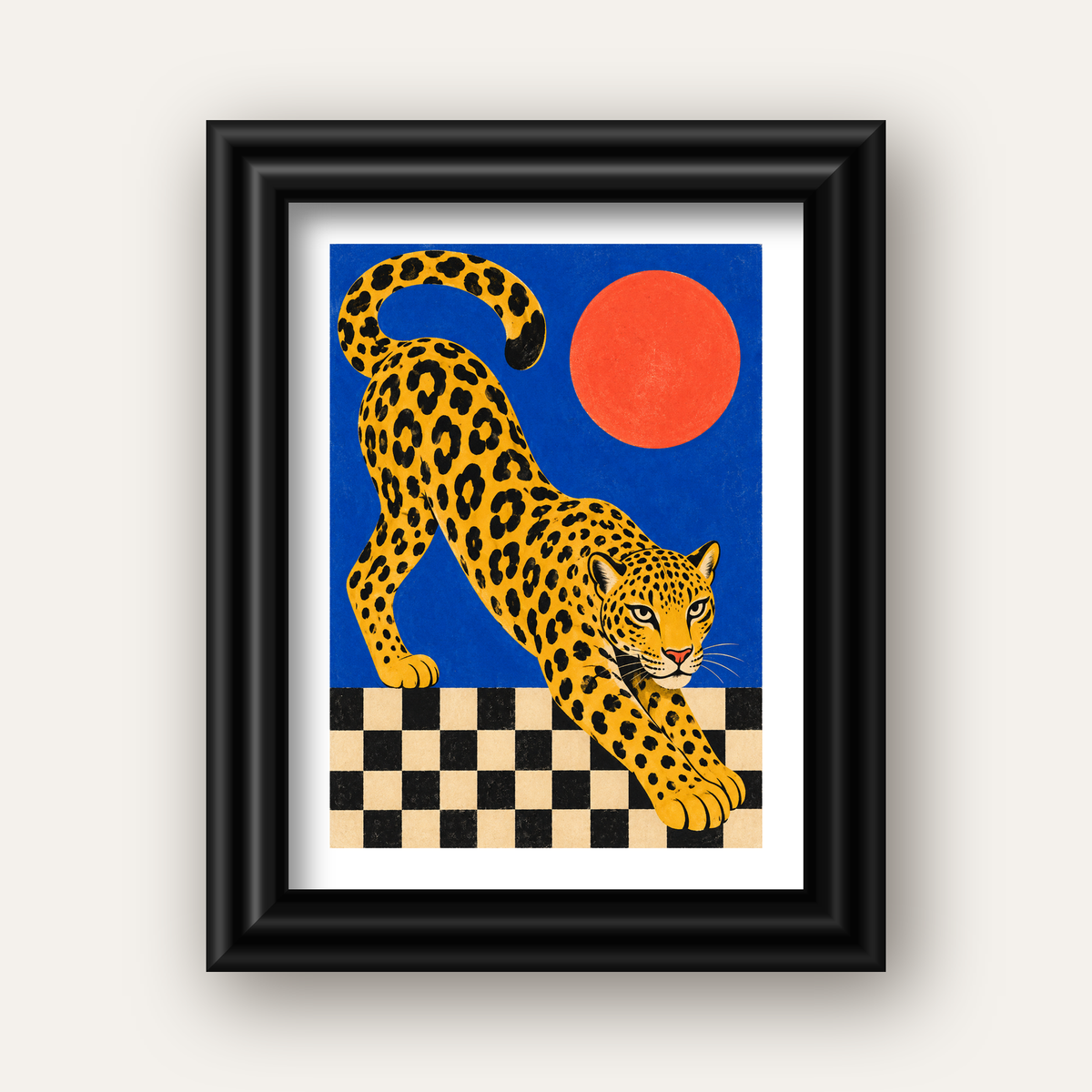 Leopar ve Geometrik Desenli Modern Sanat Poster — siyah galeri çerçeveli paspartulu