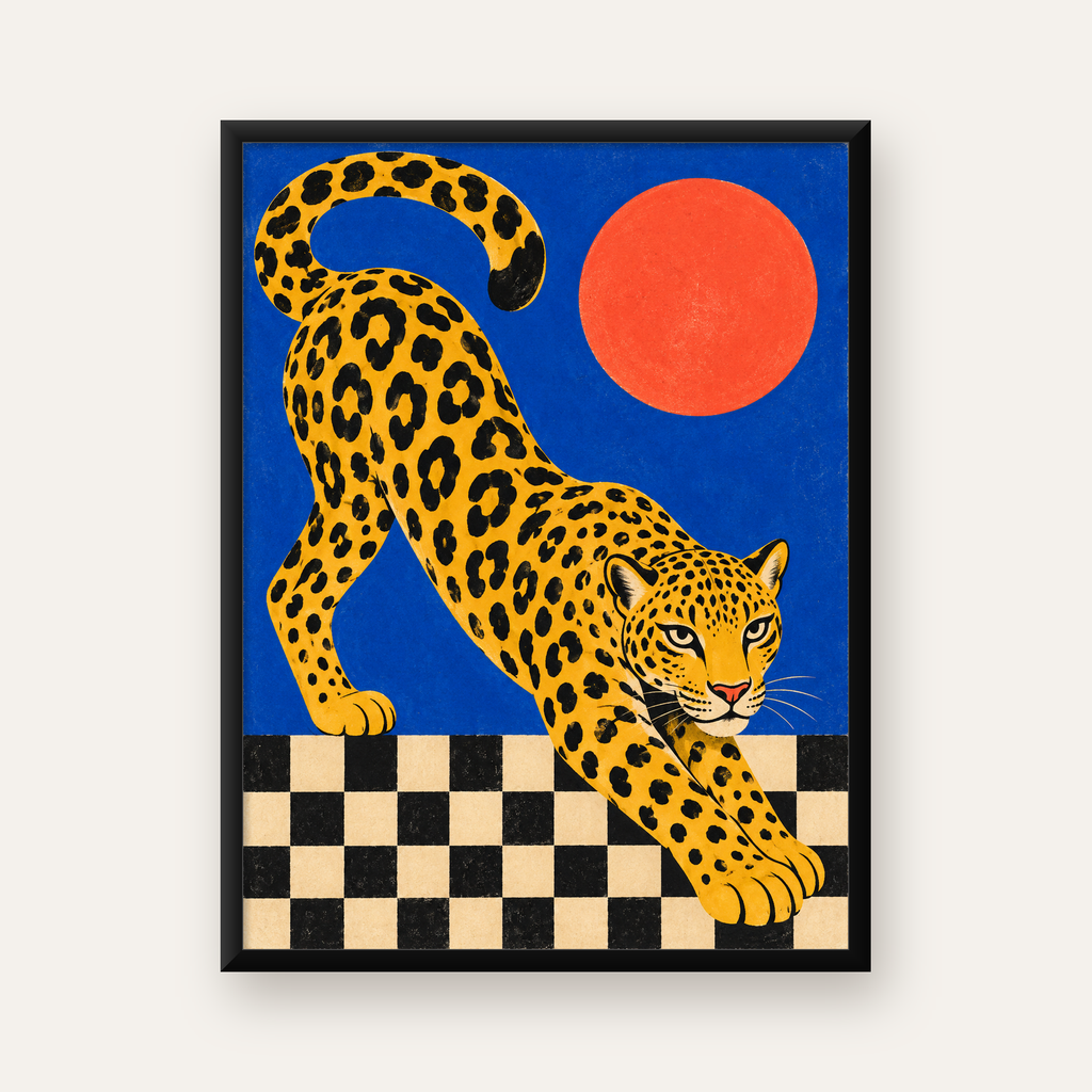 Leopar ve Geometrik Desenli Modern Sanat Poster — Dikey baskı, düz siyah çerçeveli duvar posteri