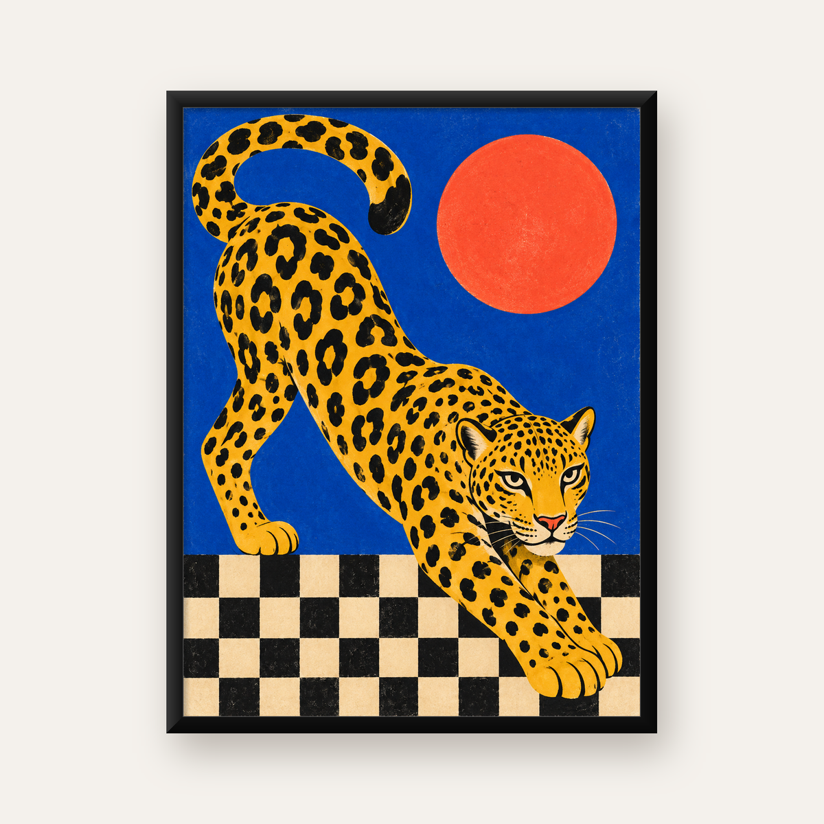 Leopar ve Geometrik Desenli Modern Sanat Poster — Dikey baskı, düz siyah çerçeveli duvar posteri