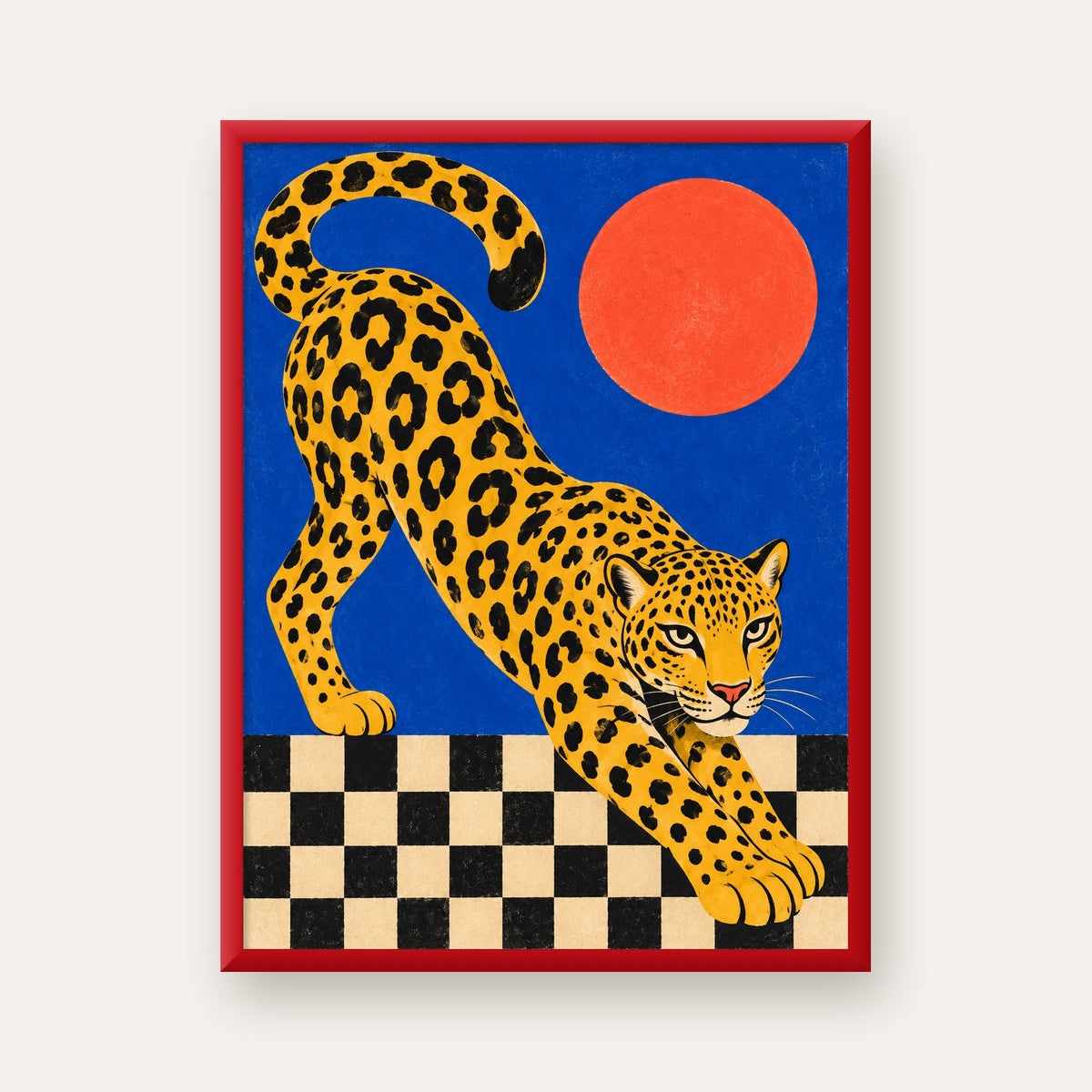 Leopar ve Geometrik Desenli Modern Sanat Poster — kırmızı çerçeveli