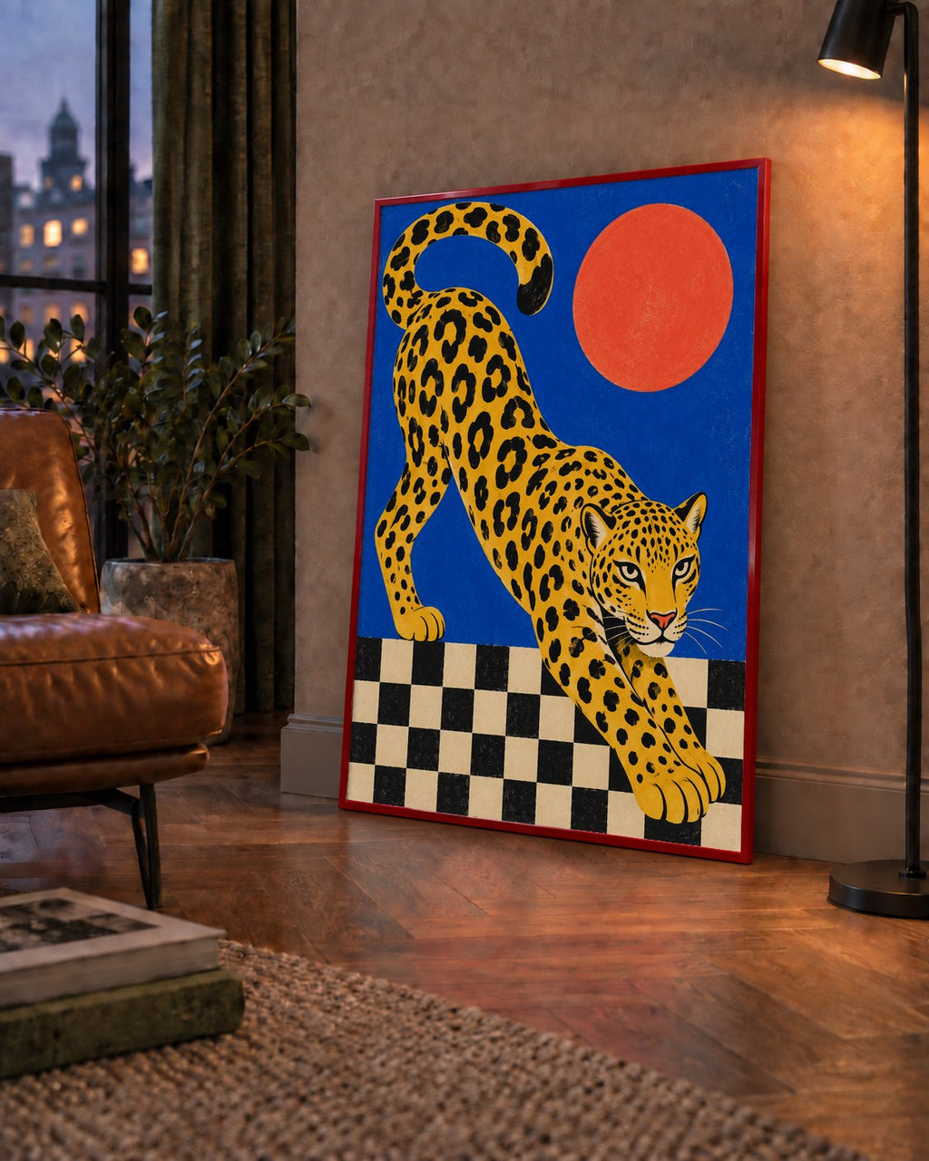 Leopar ve Geometrik Desenli Modern Sanat Poster — çerçeveli hâliyle bir ev duvarında
