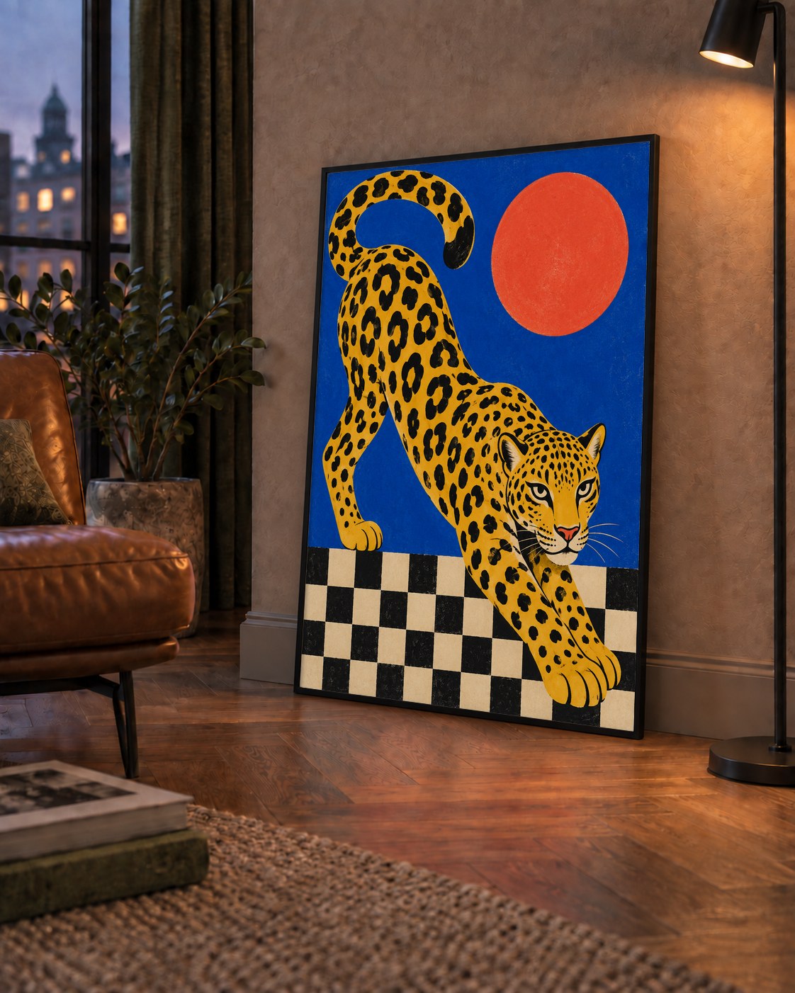 Leopar ve Geometrik Desenli Modern Sanat Poster — çerçeveli hâliyle bir ev duvarında