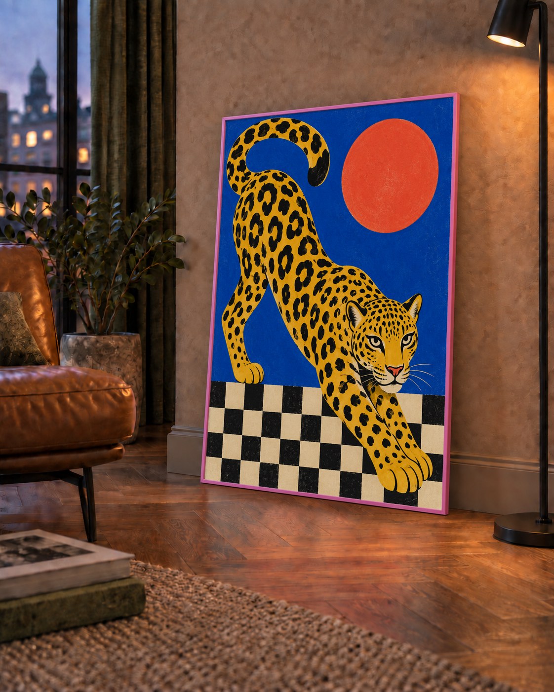 Leopar ve Geometrik Desenli Modern Sanat Poster — çerçeveli hâliyle bir ev duvarında
