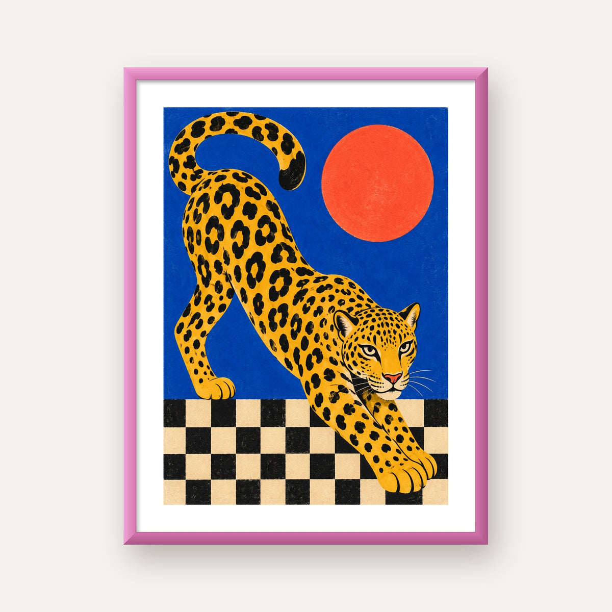 Leopar ve Geometrik Desenli Modern Sanat Poster — pembe çerçeveli paspartulu
