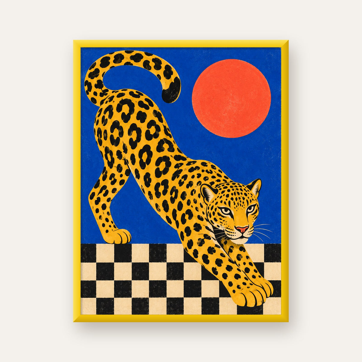 Leopar ve Geometrik Desenli Modern Sanat Poster — sarı çerçeveli
