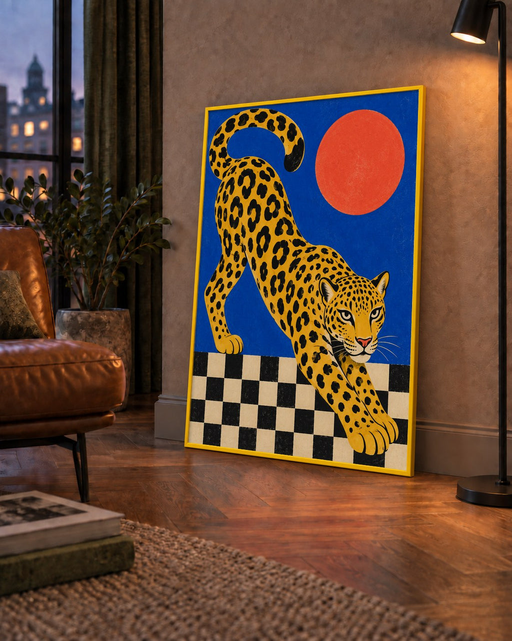Leopar ve Geometrik Desenli Modern Sanat Poster — çerçeveli hâliyle bir ev duvarında