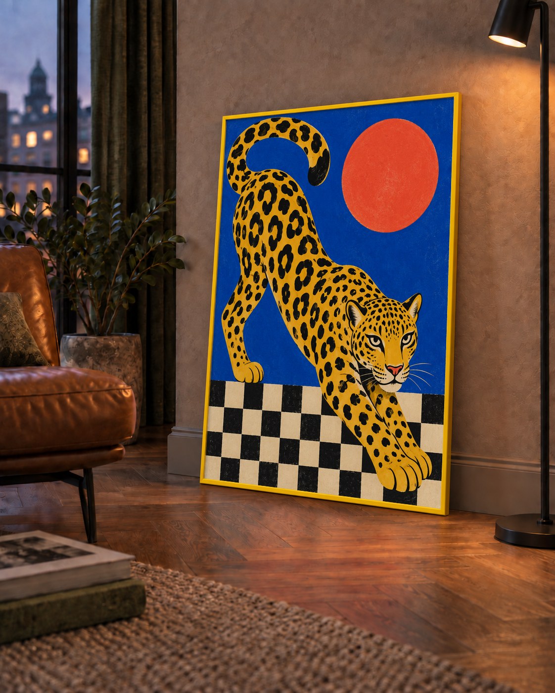 Leopar ve Geometrik Desenli Modern Sanat Poster — çerçeveli hâliyle bir ev duvarında