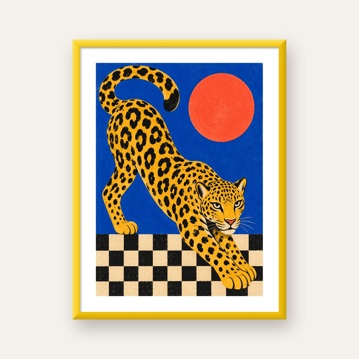 Leopar ve Geometrik Desenli Modern Sanat Poster — sarı çerçeveli paspartulu