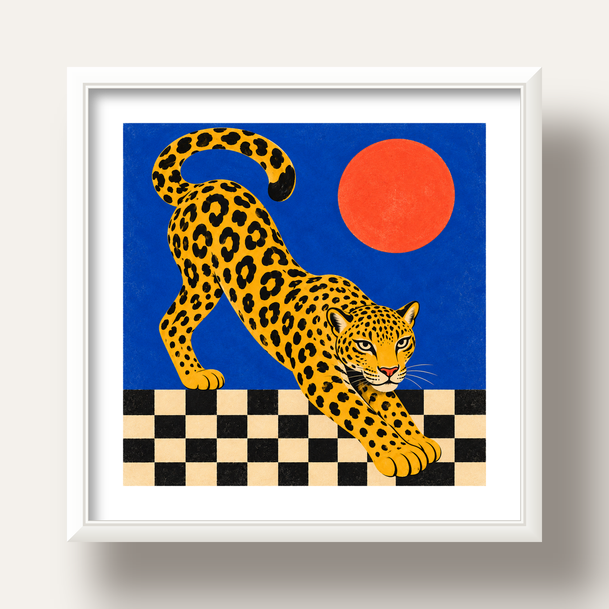 Leopar ve Geometrik Desenli Modern Sanat Poster — beyaz derin çerçeveli paspartulu