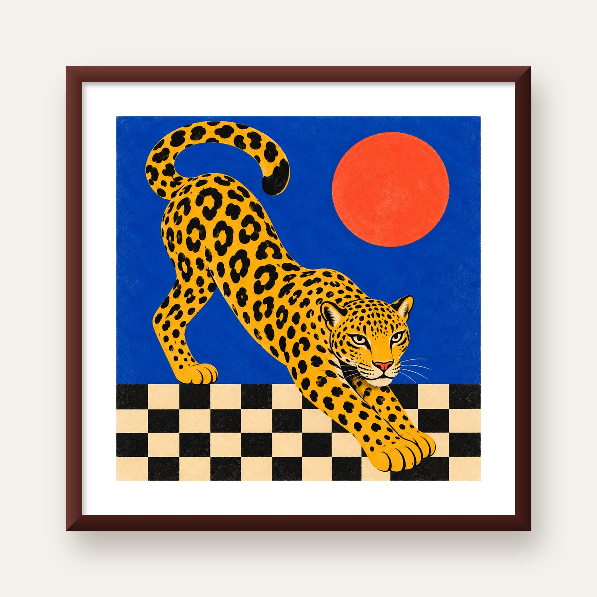 Leopar ve Geometrik Desenli Modern Sanat Poster — ceviz çerçeveli paspartulu