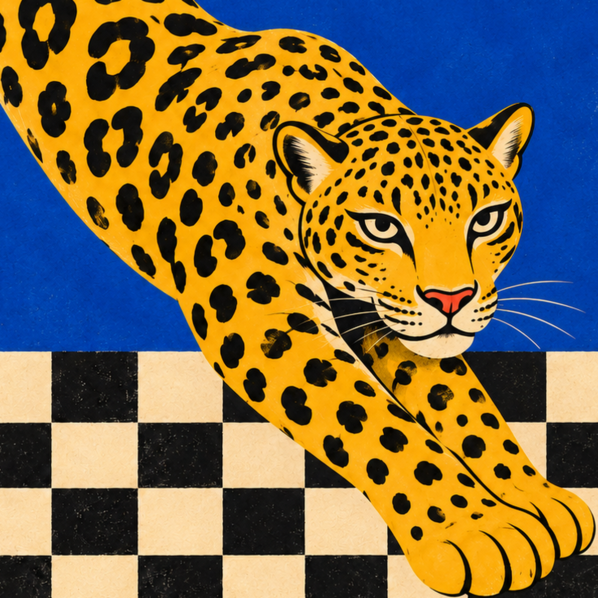 Leopar ve Geometrik Desenli Modern Sanat Poster — baskının yakın çekimi, kâğıt dokusu ve renk detayı