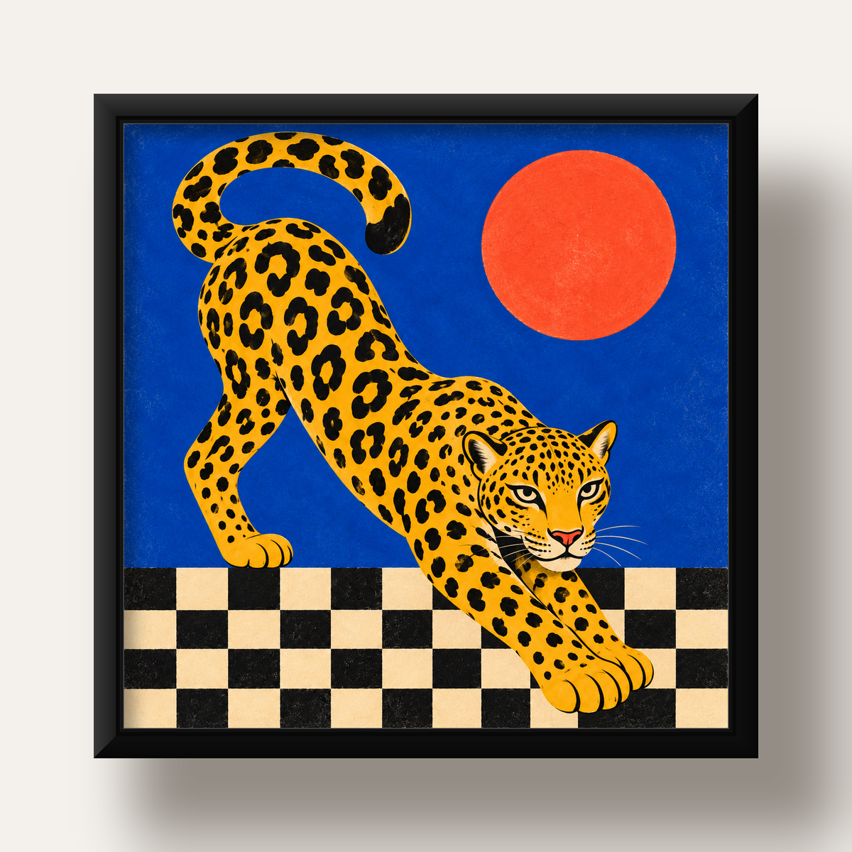 Leopar ve Geometrik Desenli Modern Sanat Poster — siyah derin çerçeveli