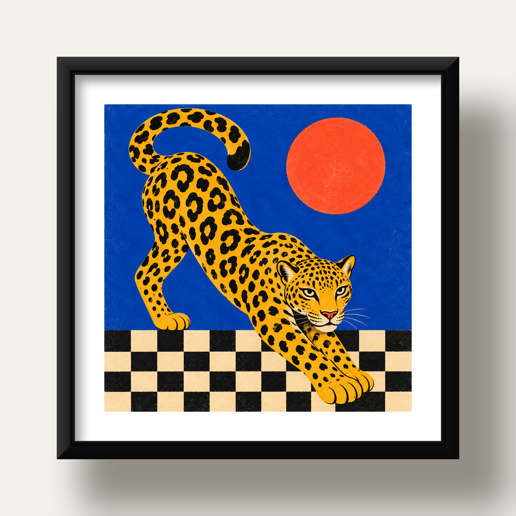 Leopar ve Geometrik Desenli Modern Sanat Poster — siyah derin çerçeveli paspartulu