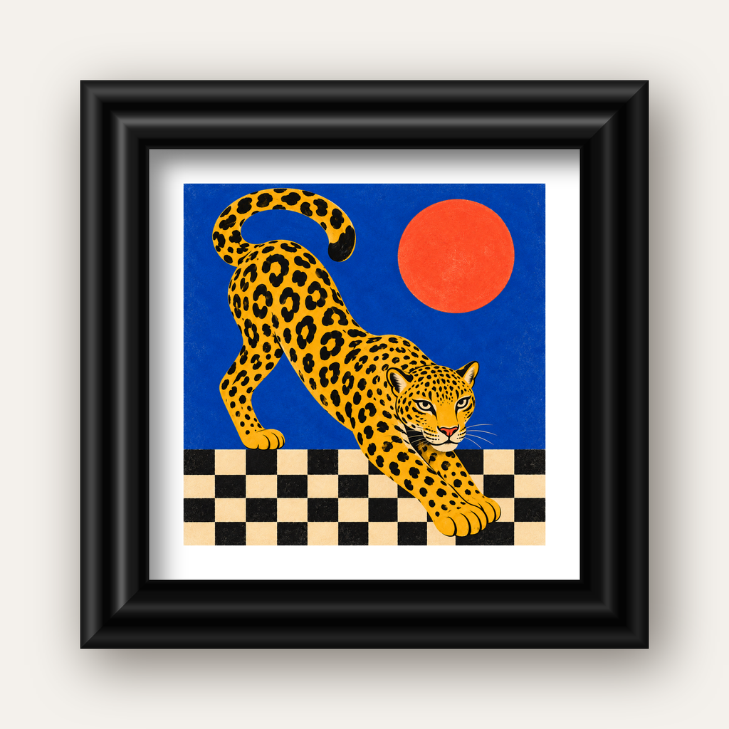Leopar ve Geometrik Desenli Modern Sanat Poster — siyah galeri çerçeveli paspartulu