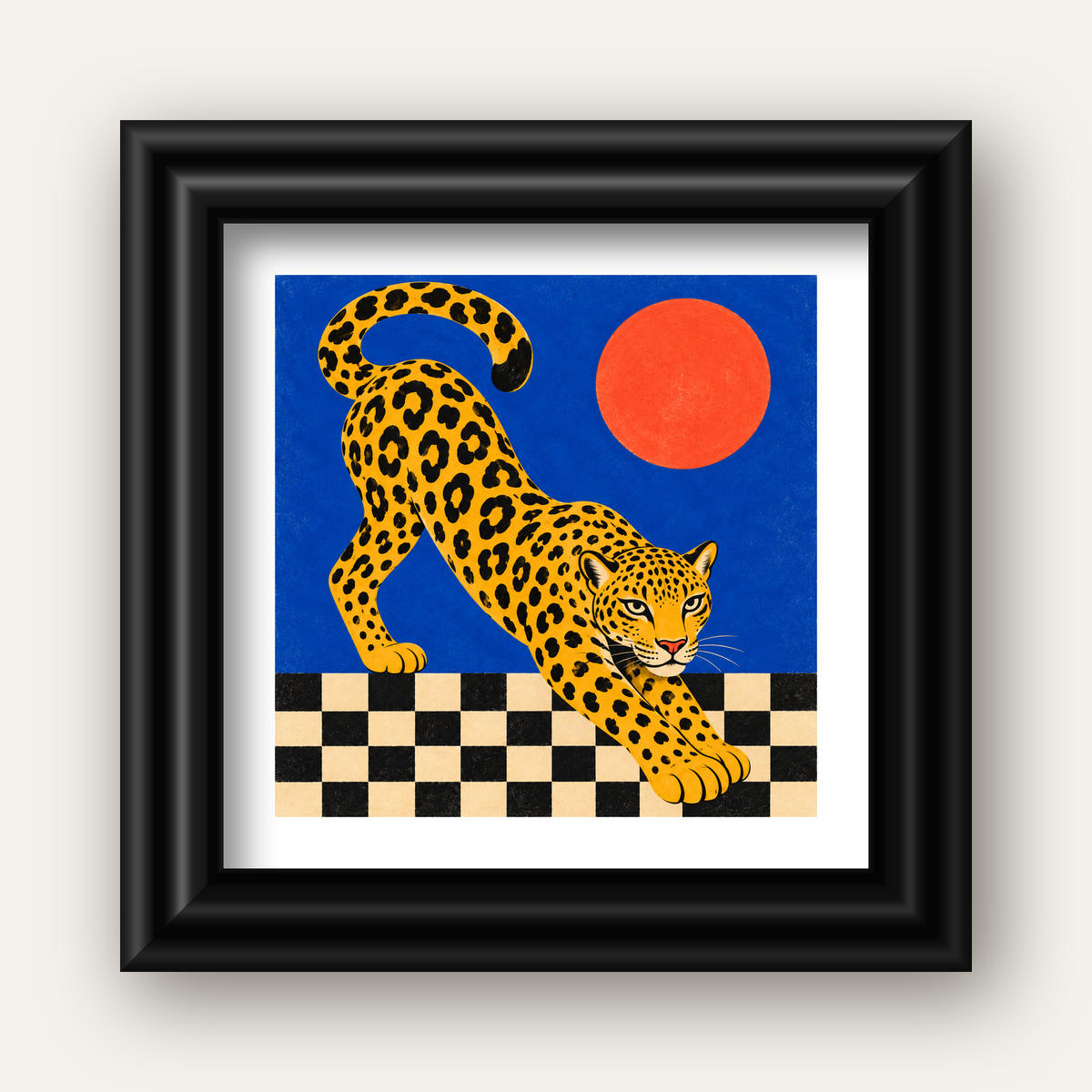 Leopar ve Geometrik Desenli Modern Sanat Poster — siyah galeri çerçeveli paspartulu