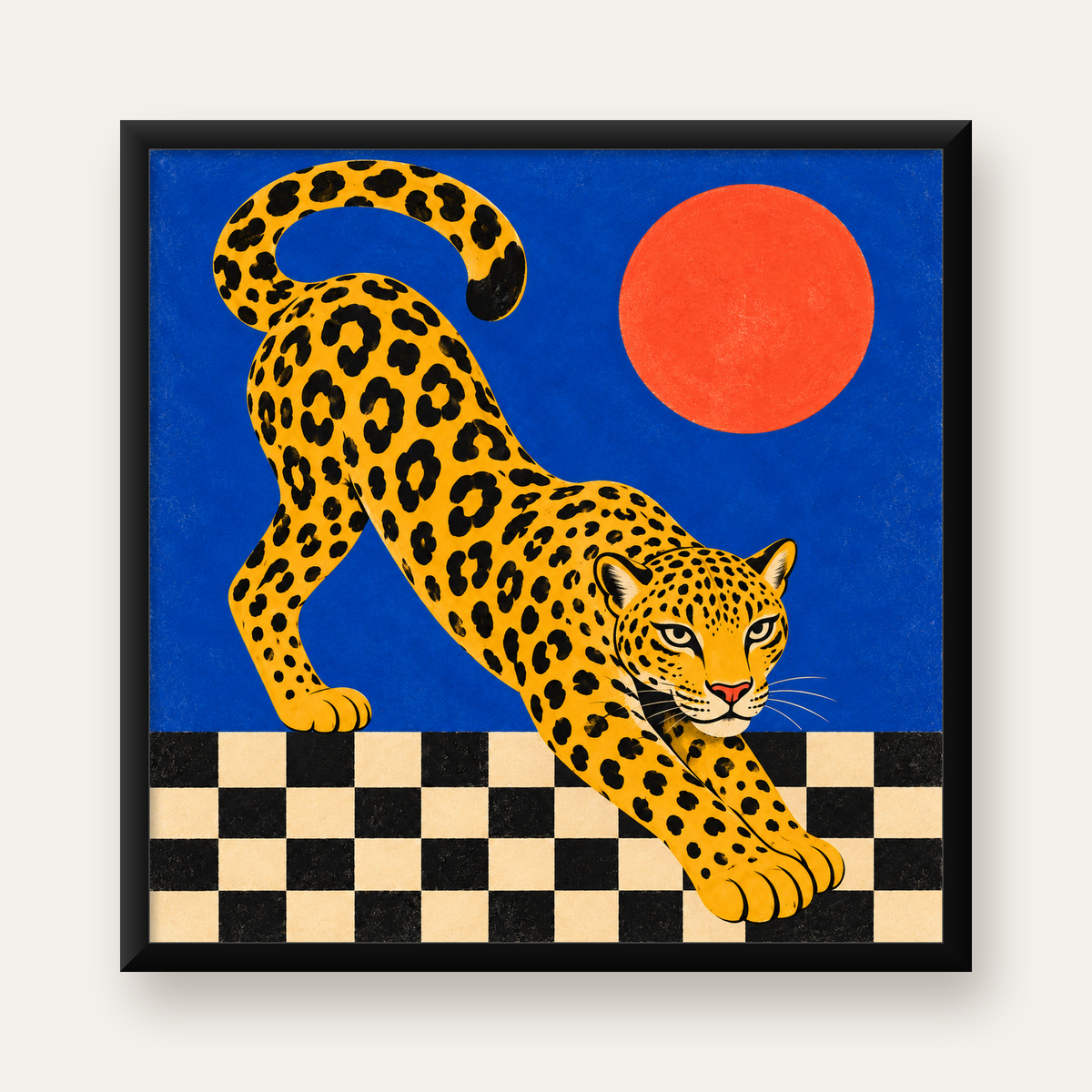 Leopar ve Geometrik Desenli Modern Sanat Poster — Kare baskı, düz siyah çerçeveli duvar posteri