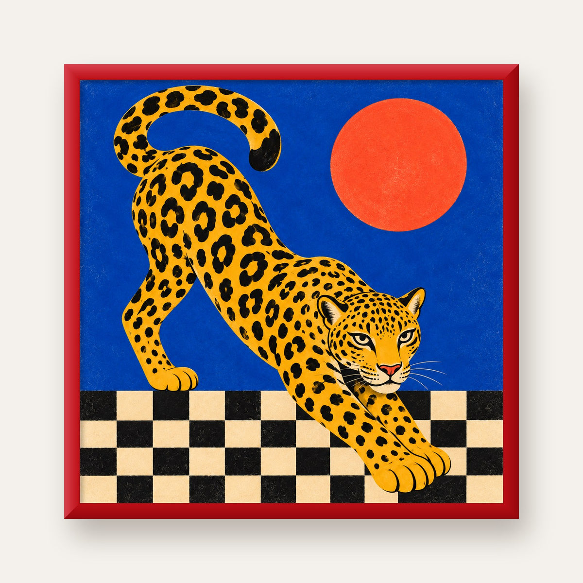 Leopar ve Geometrik Desenli Modern Sanat Poster — kırmızı çerçeveli