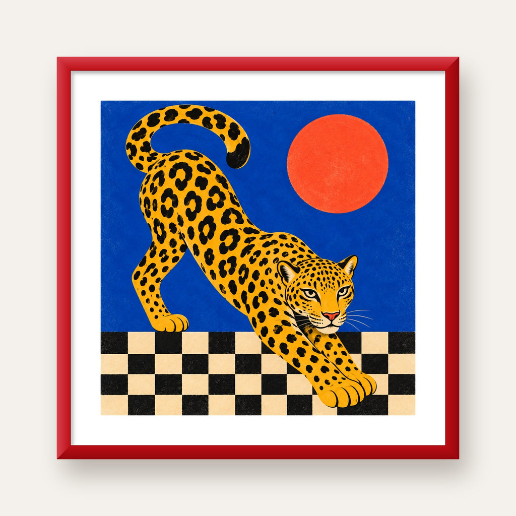 Leopar ve Geometrik Desenli Modern Sanat Poster — kırmızı çerçeveli paspartulu