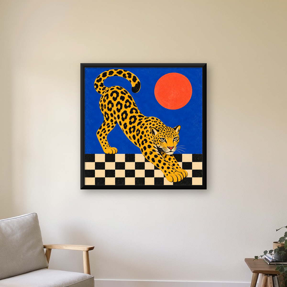 Leopar ve Geometrik Desenli Modern Sanat Poster — Kare baskı, çerçeveli hâliyle bir ev duvarında