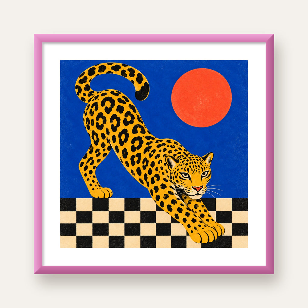 Leopar ve Geometrik Desenli Modern Sanat Poster — pembe çerçeveli paspartulu
