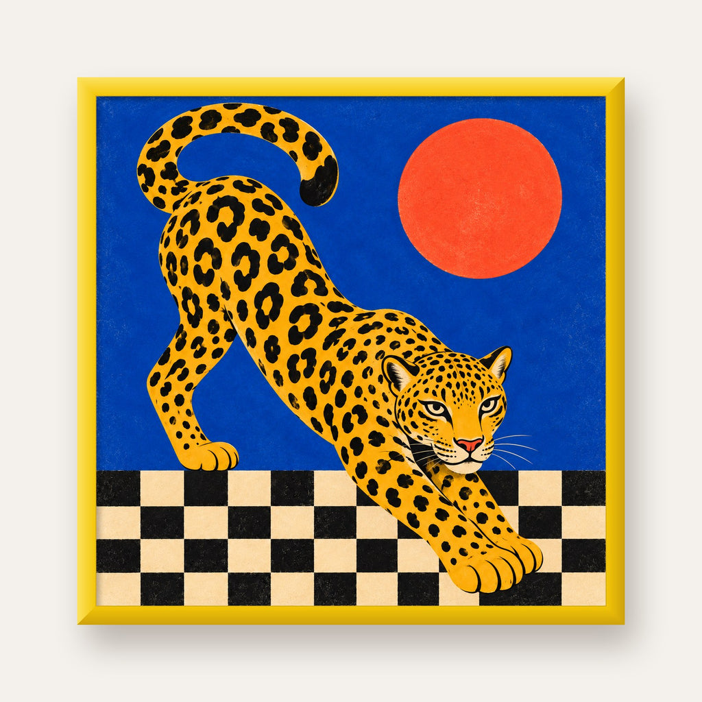 Leopar ve Geometrik Desenli Modern Sanat Poster — sarı çerçeveli