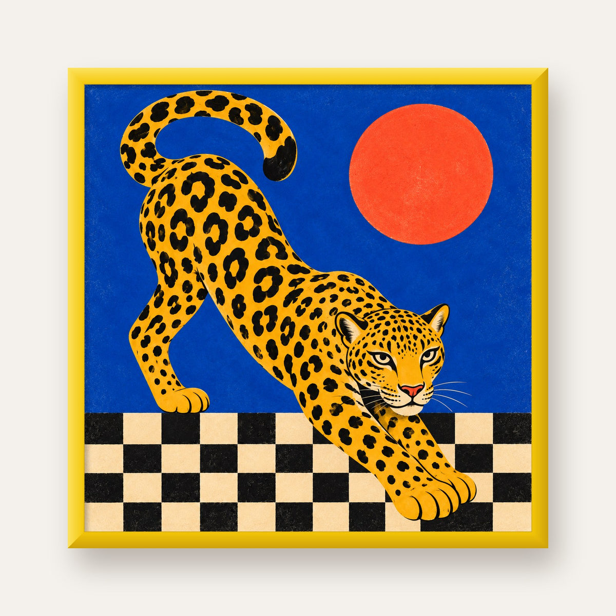 Leopar ve Geometrik Desenli Modern Sanat Poster — sarı çerçeveli
