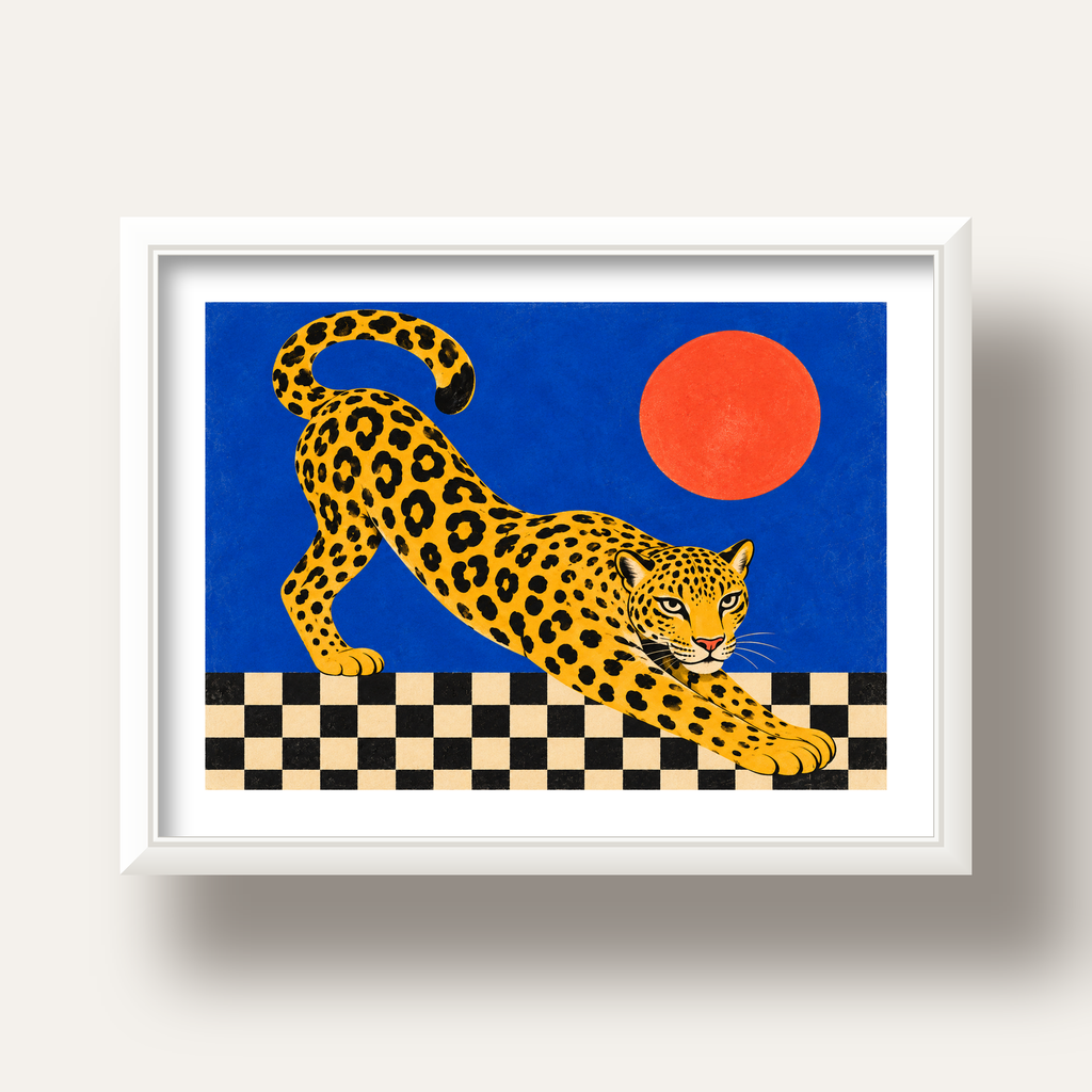 Leopar ve Geometrik Desenli Modern Sanat Poster — beyaz derin çerçeveli paspartulu