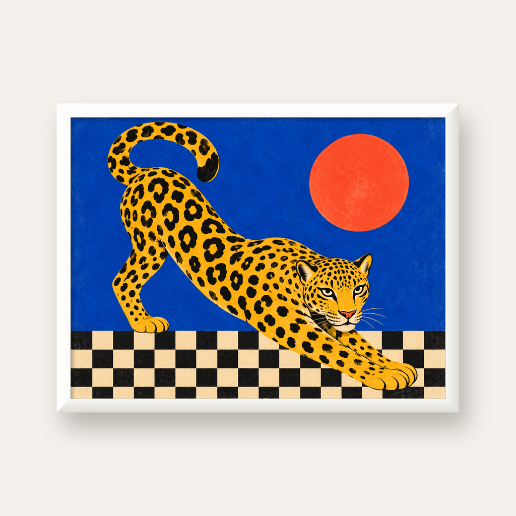 Leopar ve Geometrik Desenli Modern Sanat Poster — beyaz çerçeveli yatay poster