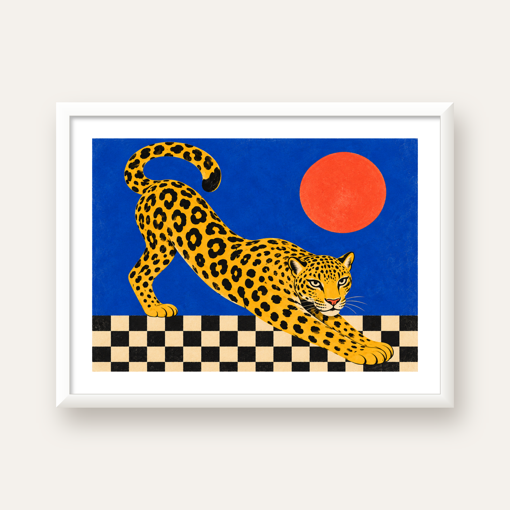 Leopar ve Geometrik Desenli Modern Sanat Poster — beyaz çerçeveli yatay poster