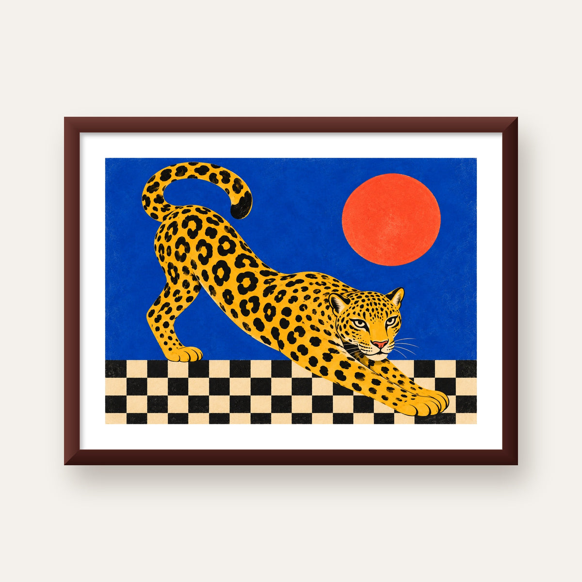 Leopar ve Geometrik Desenli Modern Sanat Poster — ceviz çerçeveli paspartulu