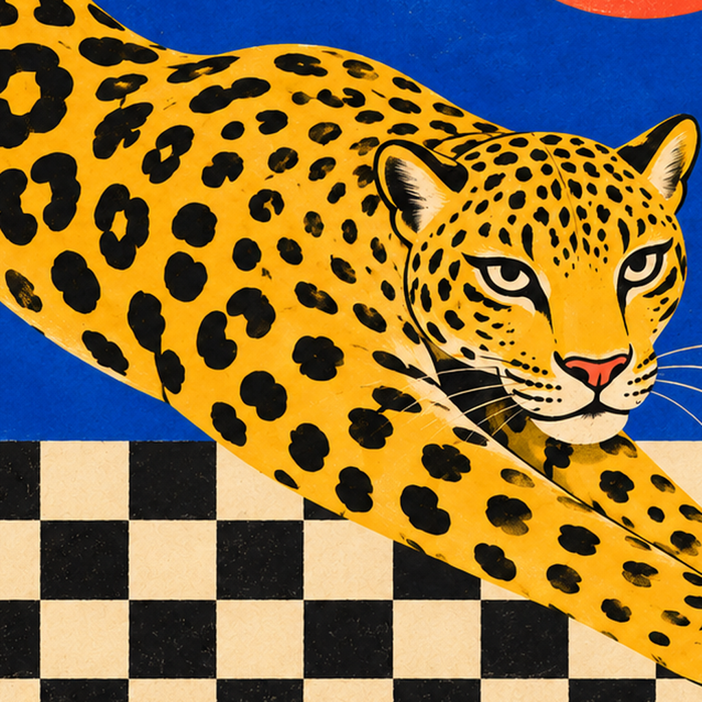 Leopar ve Geometrik Desenli Modern Sanat Poster — baskının yakın çekimi, kâğıt dokusu ve renk detayı