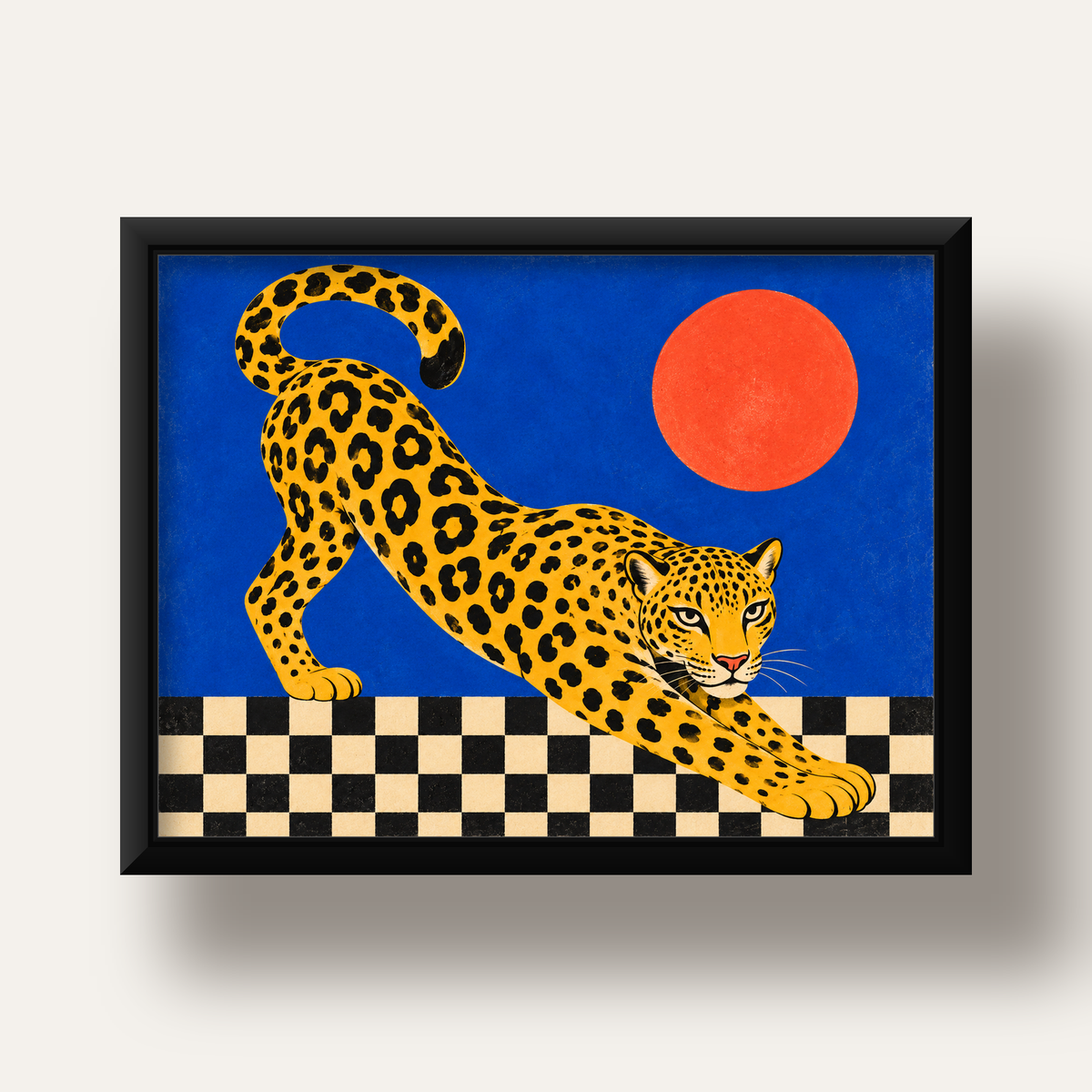 Leopar ve Geometrik Desenli Modern Sanat Poster — siyah derin çerçeveli