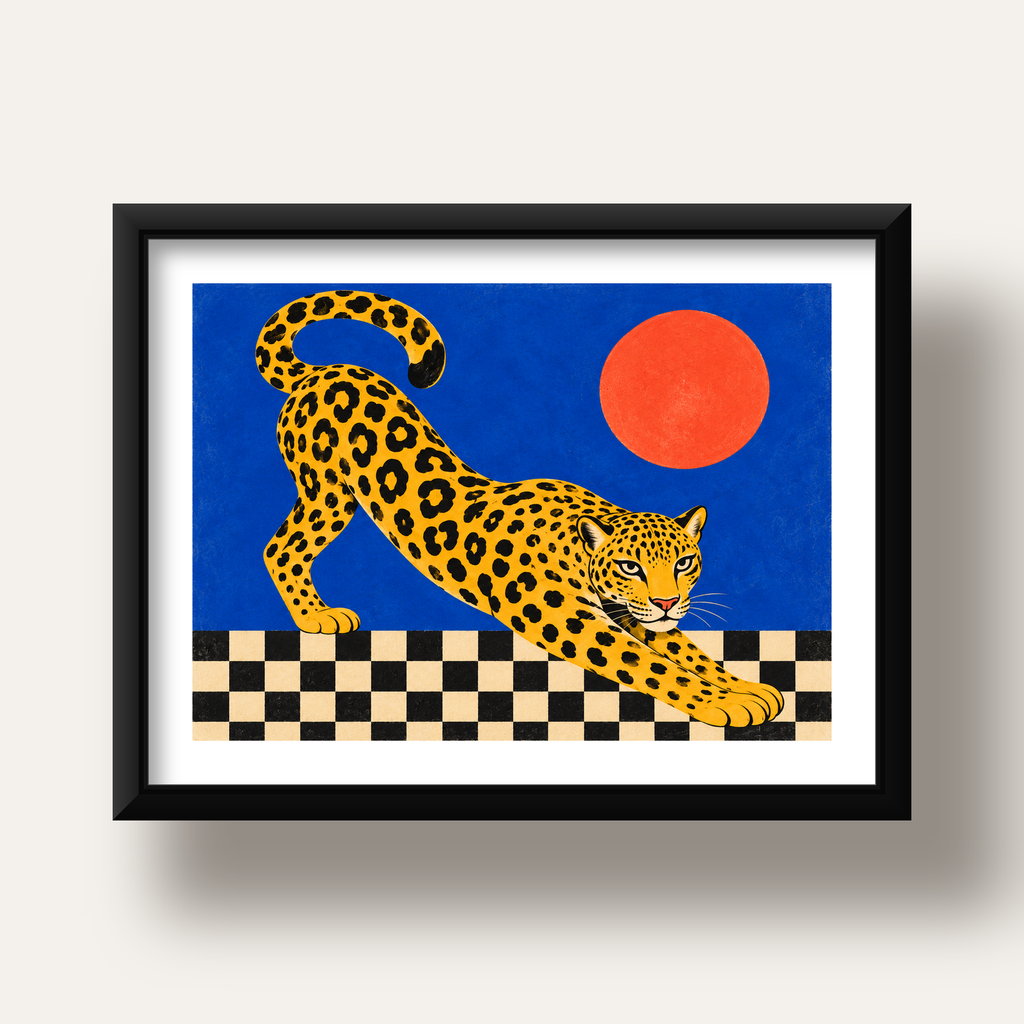 Leopar ve Geometrik Desenli Modern Sanat Poster — siyah derin çerçeveli paspartulu