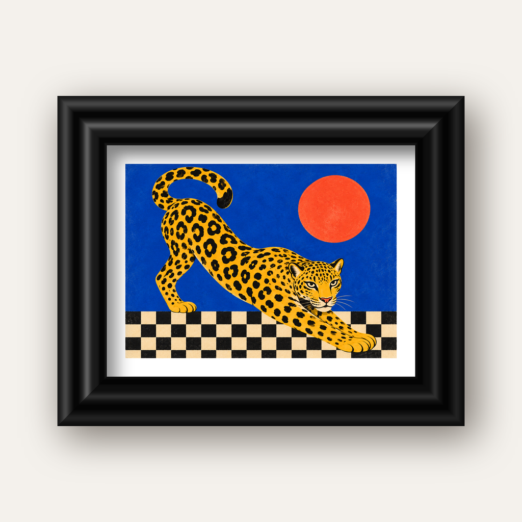 Leopar ve Geometrik Desenli Modern Sanat Poster — siyah galeri çerçeveli paspartulu