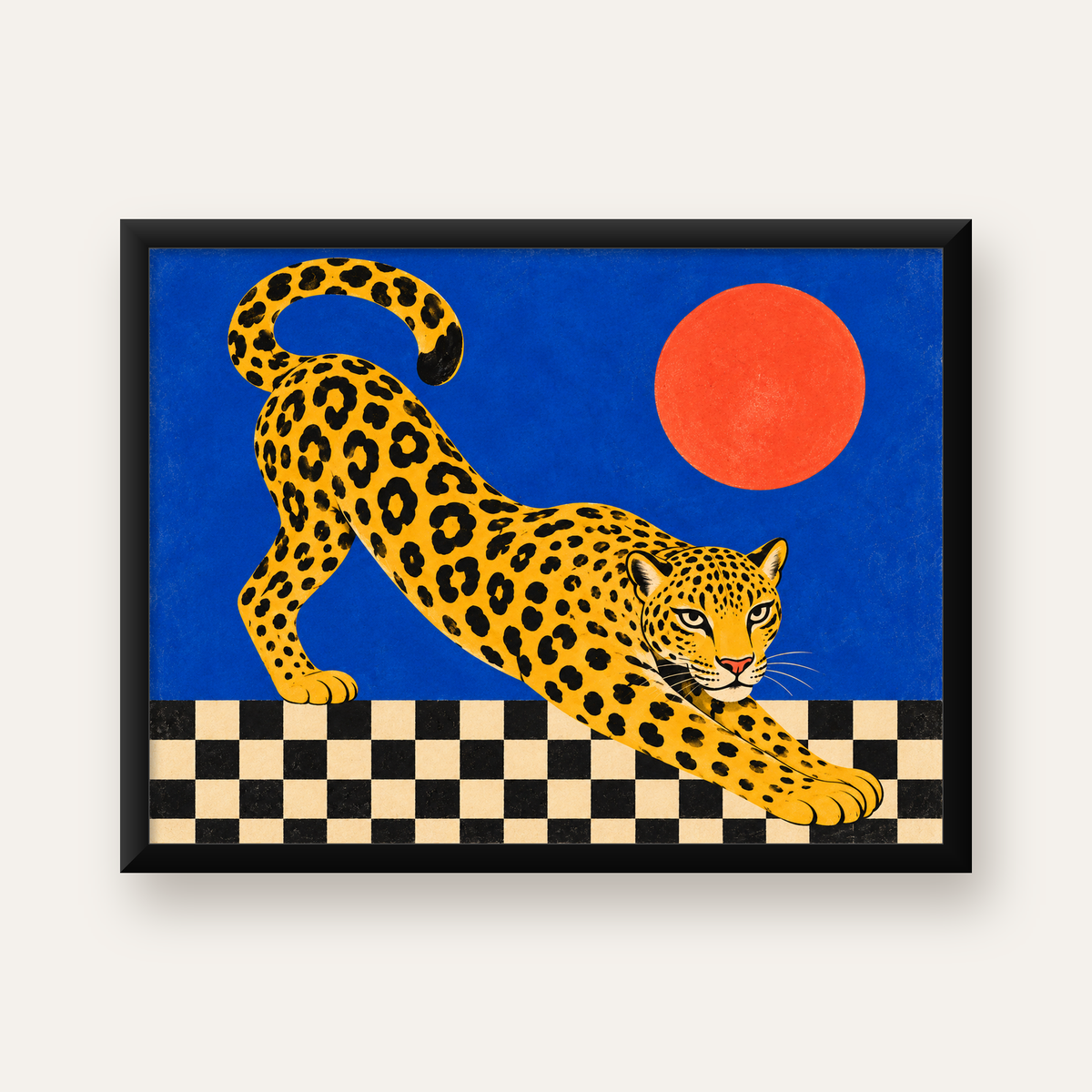 Leopar ve Geometrik Desenli Modern Sanat Poster — Yatay baskı, düz siyah çerçeveli duvar posteri