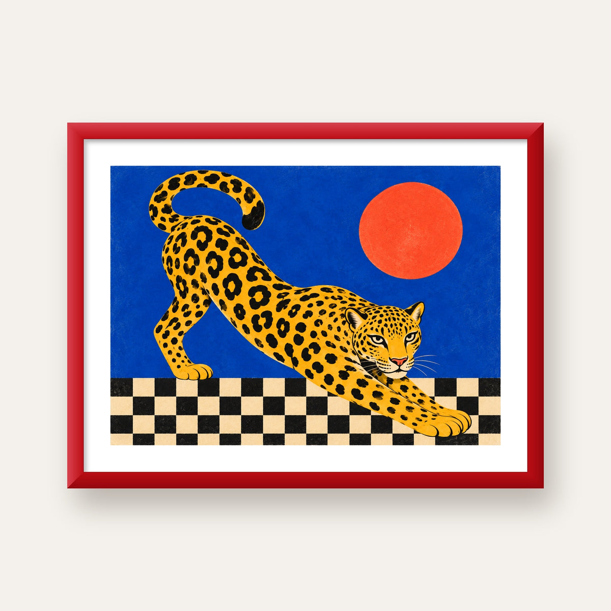 Leopar ve Geometrik Desenli Modern Sanat Poster — kırmızı çerçeveli paspartulu