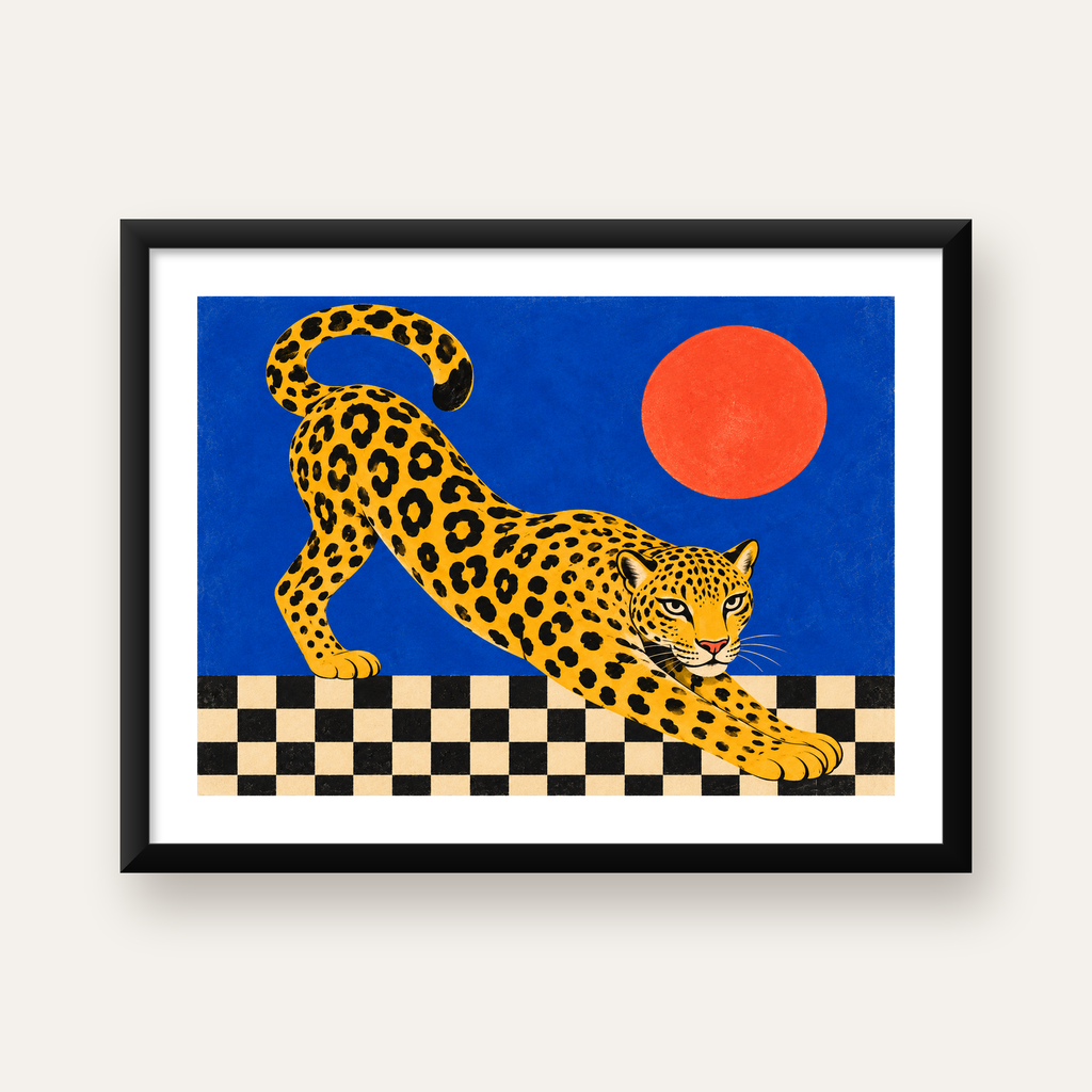 Leopar ve Geometrik Desenli Modern Sanat Poster — Yatay baskı, beyaz paspartulu