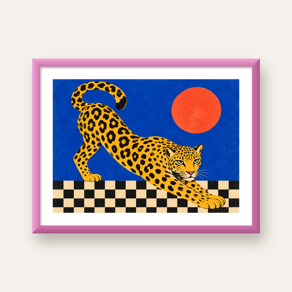 Leopar ve Geometrik Desenli Modern Sanat Poster — pembe çerçeveli paspartulu