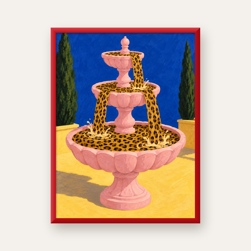 Leopar Desenli Çeşme Canlı İllüstrasyon Poster — kırmızı çerçeveli