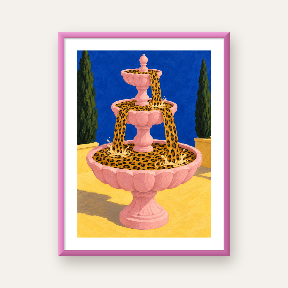 Leopar Desenli Çeşme Canlı İllüstrasyon Poster — pembe çerçeveli paspartulu